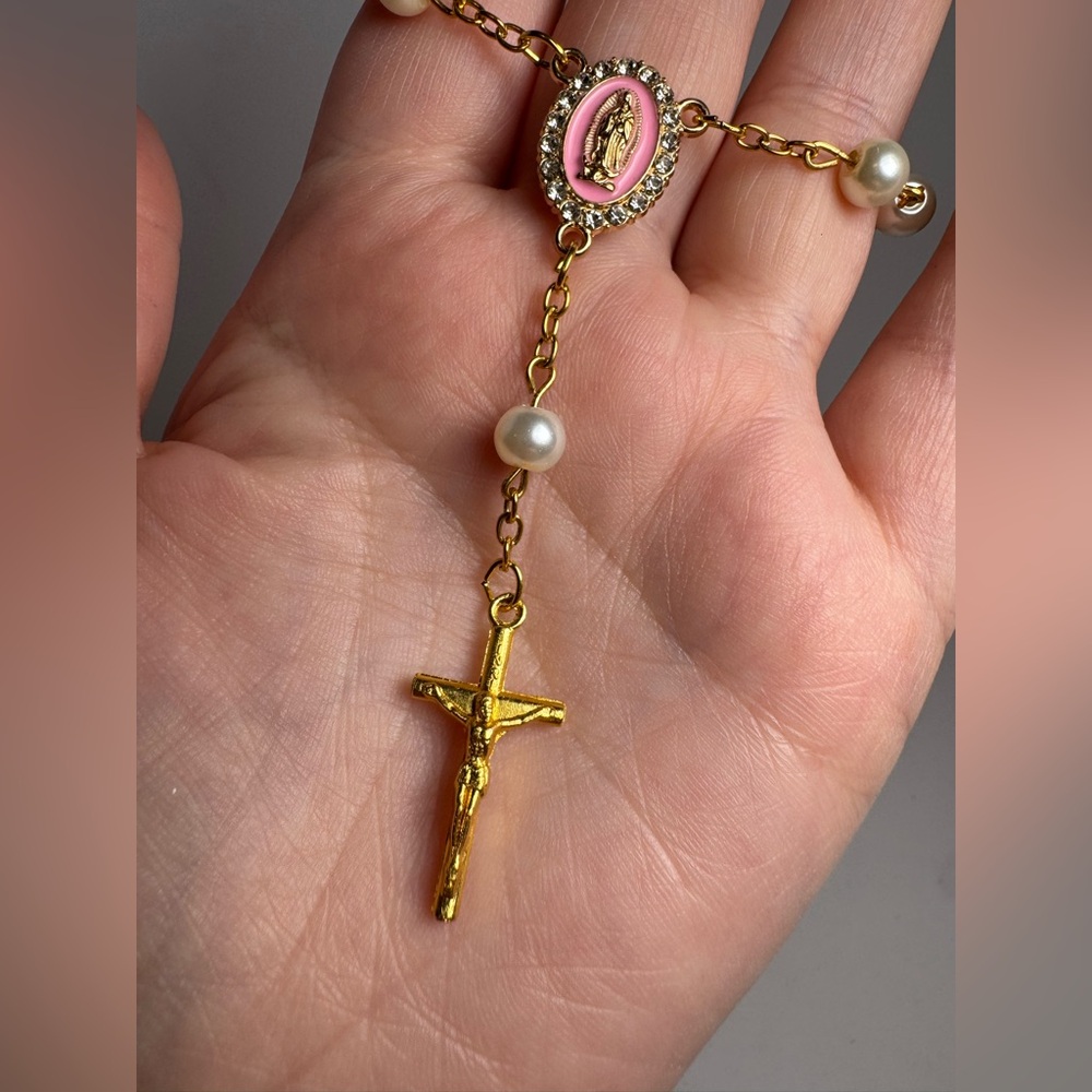 Pink & Gold Rosary Bag Charm/Keychain | Pearls, Crucifix & Lady Guadalupe Accent - Picture 6 of 12